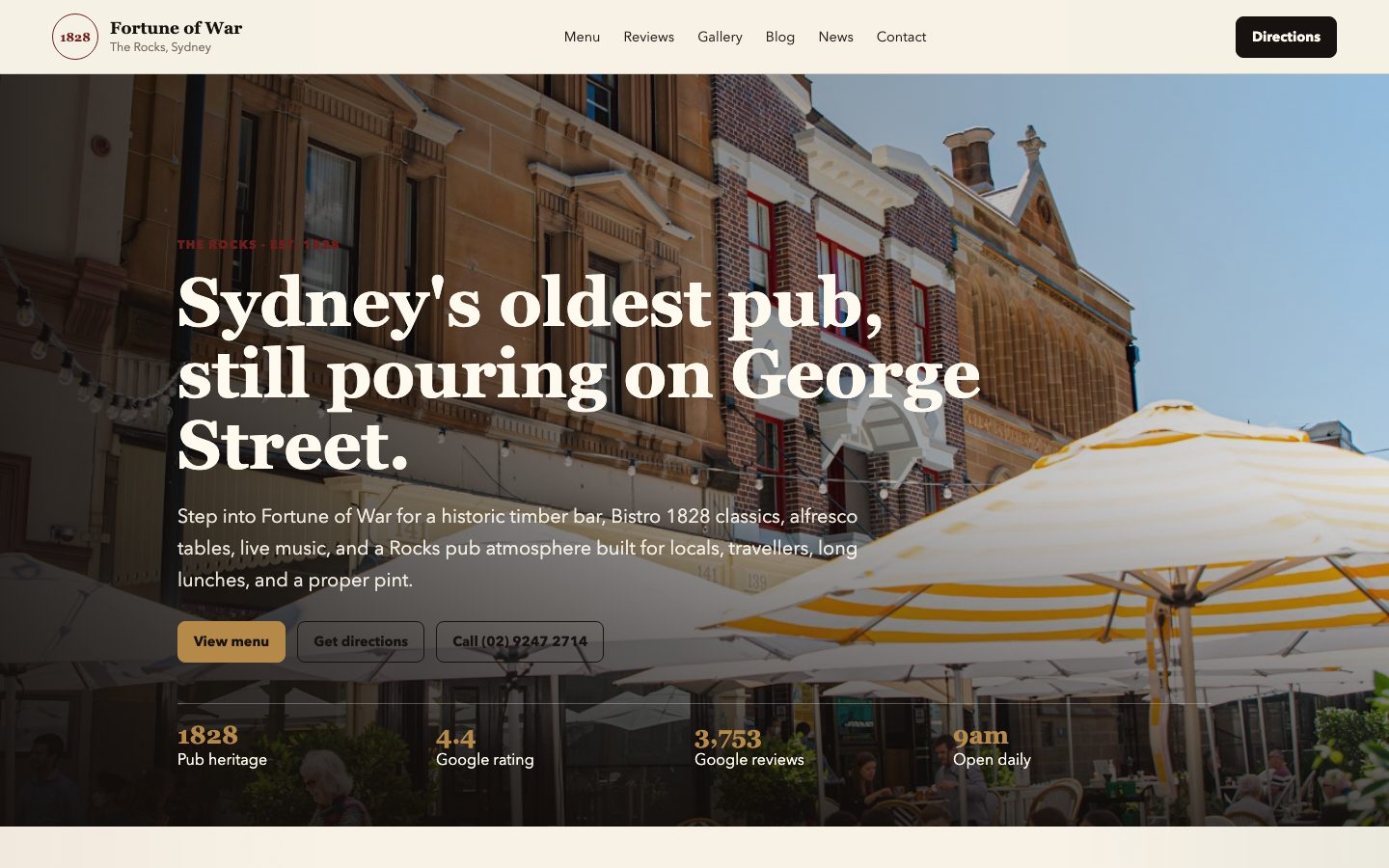 Fortune of War - Sydney's Oldest Pub website preview