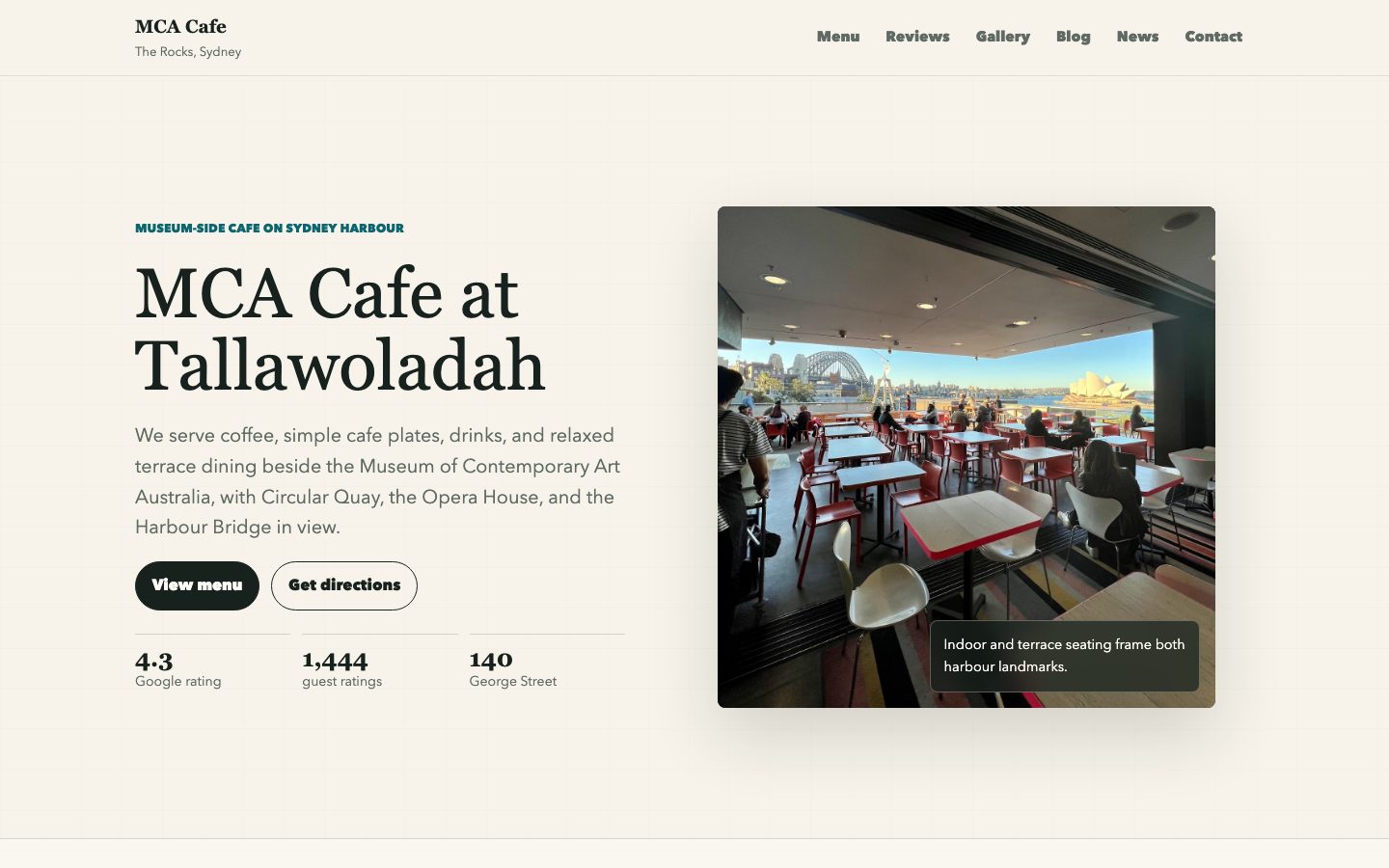 MCA Cafe at Tallawoladah website preview