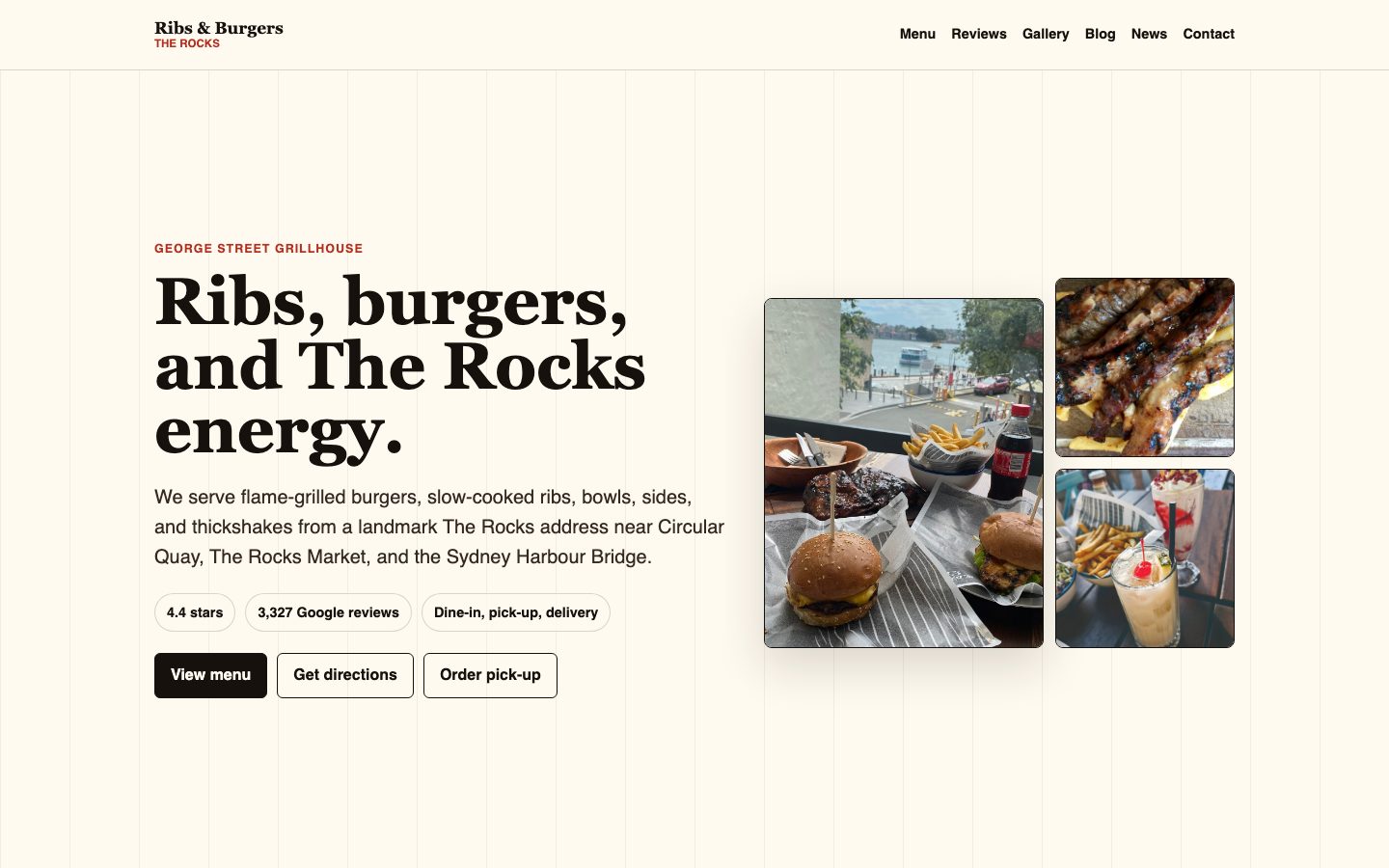 Ribs & Burgers The Rocks website preview